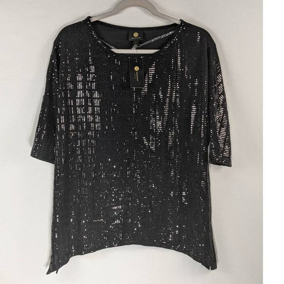 JM Collection Tops - JM Collection Sequin Top Half Sleeve Black Small Scoop Neck Asymmetrical Hem